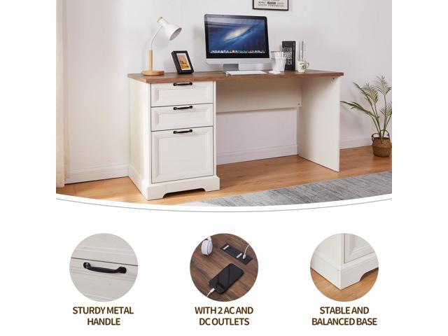 60' Farmhouse Executive Desk with Charging Station,Home Office Desk with 2 Drawers &1 File Cabinet,Wood Work Desk for Office and Home