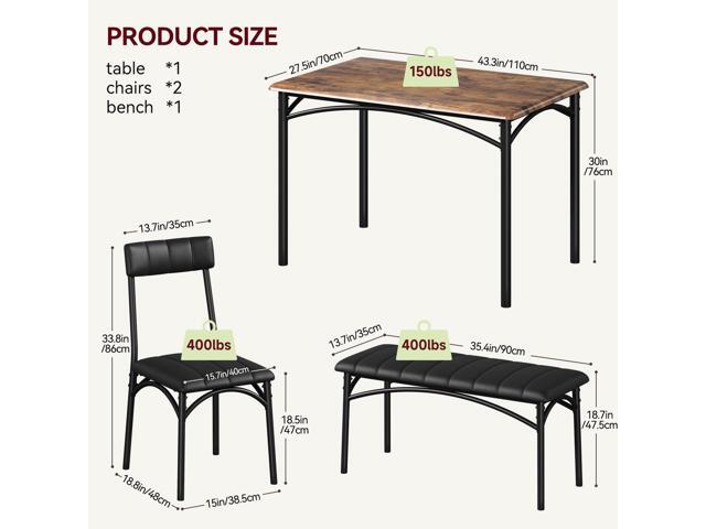 Dining Table Set for 4, Small Dining Table Set with Upholstered Bench and 2 Chairs, Kitchen Table and Chairs for 4, for Small Space, Apartment,...