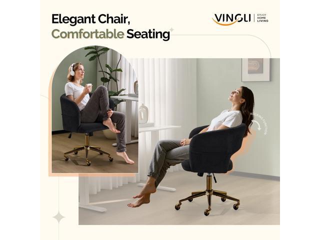 VINGLI Modern Curved Office & Vanity Desk Chair, Cute Upholstered Nail Chair with Wheels & 360° Swivel & Club & Tilting & Gold Base, for Bedroom,...