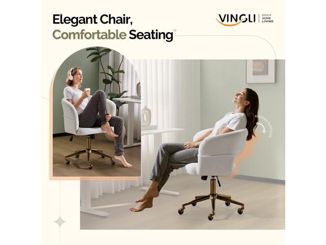 VINGLI Modern Curved Office & Vanity Desk Chair, Cute Upholstered Nail Chair with Wheels & 360° Swivel & Club & Tilting & Gold Base, for Bedroom,...