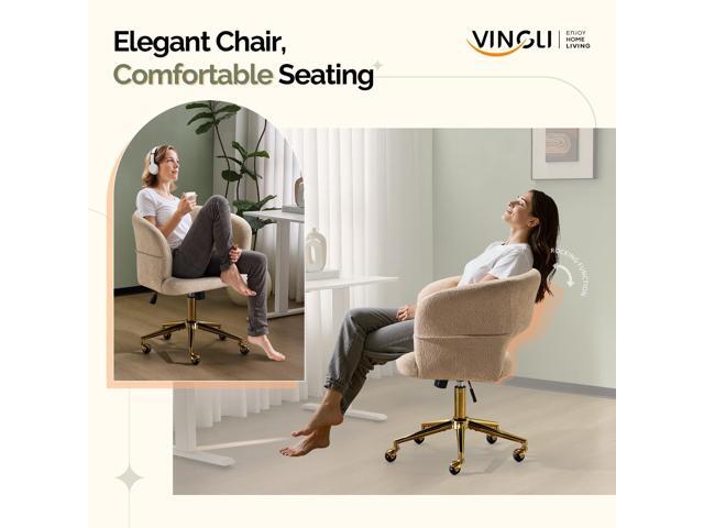 VINGLI Modern Curved Office & Vanity Desk Chair, Cute Upholstered Nail Chair with Wheels & 360° Swivel & Club & Tilting & Gold Base, for Bedroom,...