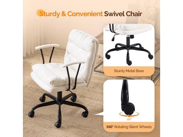 VINGLI Padded White Desk Chair with/No Wheels,Dual-Base,Removable Armrests,Adjustable Comfy Rolling Swivel Computer Task Nail Tech Chair for Home...