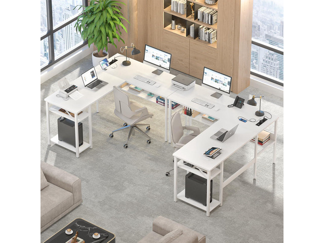 Reversible L Shaped Gaming Desk with Power Outlets and USB Charging Ports, Sturdy Computer Desks with Storage Shelf, Modern Corner Desk Home Office...