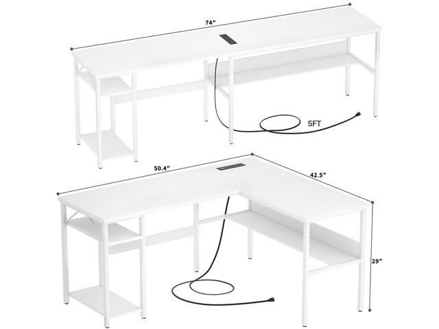 Reversible L Shaped Gaming Desk with Power Outlets and USB Charging Ports, Sturdy Computer Desks with Storage Shelf, Modern Corner Desk Home Office...