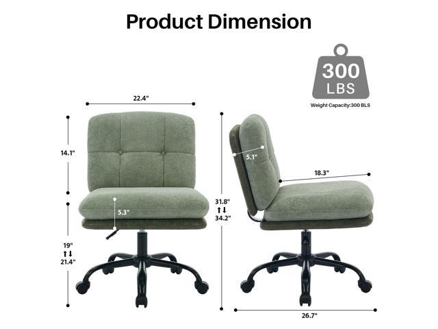 Armless Office Desk Chair with Wheels Wide Seat, Adjustable Height Swivel Comfy Criss Cross Chair for Home, Office, Make Up, Bed Room, Green