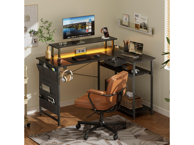 HLDIRECT L Shaped Computer Desk with Power Outlet, Gaming Corner Desk with LED Lights, 44 Inch Home Office Table with Storage Shelves & Monitor...