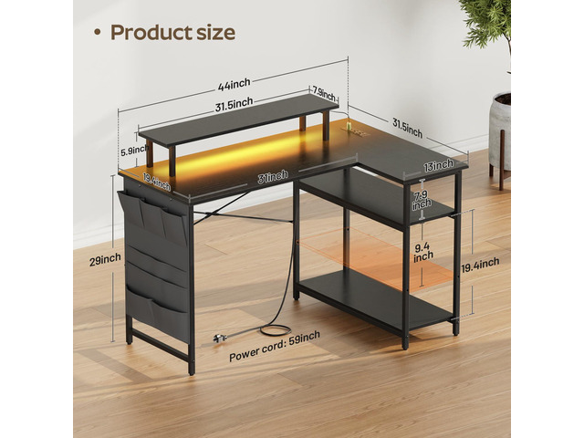 HLDIRECT L Shaped Computer Desk with Power Outlet, Gaming Corner Desk with LED Lights, 44 Inch Home Office Table with Storage Shelves & Monitor...