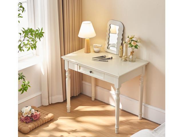 ADORZ White Desk with Drawers, 35 Inch Home Office Desks Solid Wood Writing Desk for Home Office, Study Workspace or Bedroom