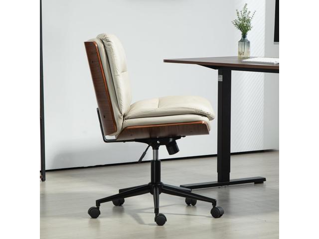 Office Chair, Criss Cross Legged Office Desk Chairs with Wheels, PU Leather Adjustable Swivel Walnut Task Chair with Wide Seat, Ergonomic Mid Back...