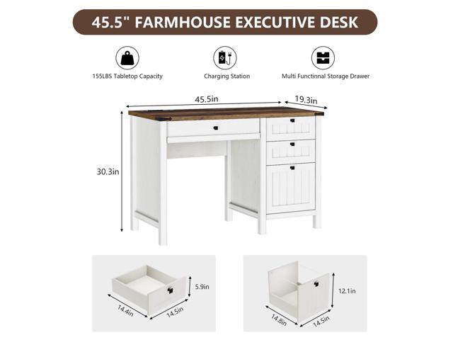 Farmhouse Executive Desk 45 inch Computer Desk with 4 Drawers, Smart Charging Station, Home Office & Study Room Essential for Remote Workers,...