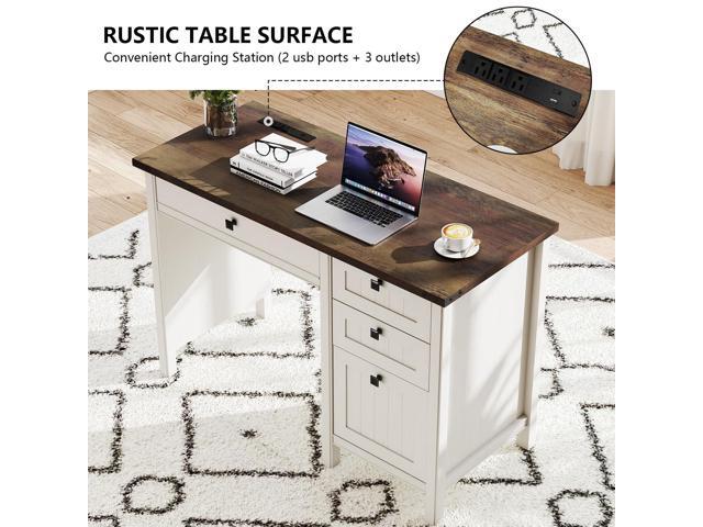 Farmhouse Executive Desk 45 inch Computer Desk with 4 Drawers, Smart Charging Station, Home Office & Study Room Essential for Remote Workers,...