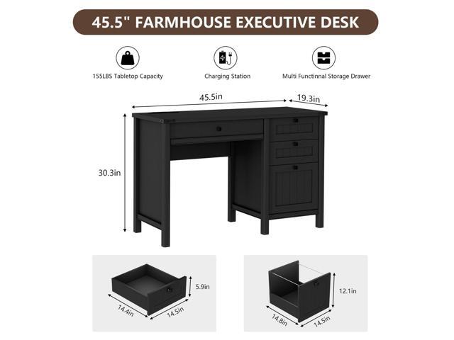 Farmhouse Executive Desk 45 inch Computer Desk with 4 Drawers, Smart Charging Station, Home Office & Study Room Essential for Remote Workers,...