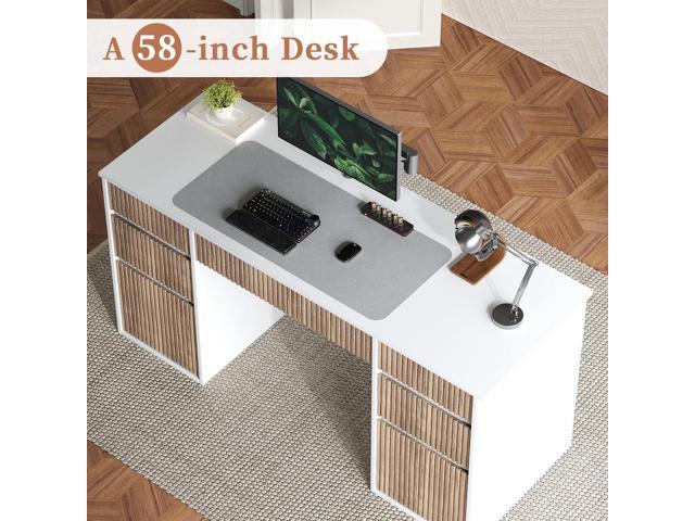4 EVER WINNER 58 Inch White Desk with Drawers, Home Office Desks with 7 Storage Drawers, Executive Desk with File Cabinet for Bedroom Study Work...