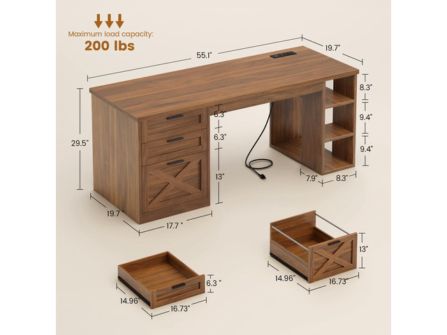 SEDETA 55.1' Executive Office Desk with 3 Drawers, Farmhouse Computer Desk with File Drawer & Storage Shelves, Home Office Desk with Power Outlet...