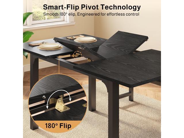 Ahomly 63 Large Extendable Dining Table Set for 4-6 with 180° Smart-Flip Pivot, Kitchen Table Set with Bench, Dining Room Table with Metal Frame &...