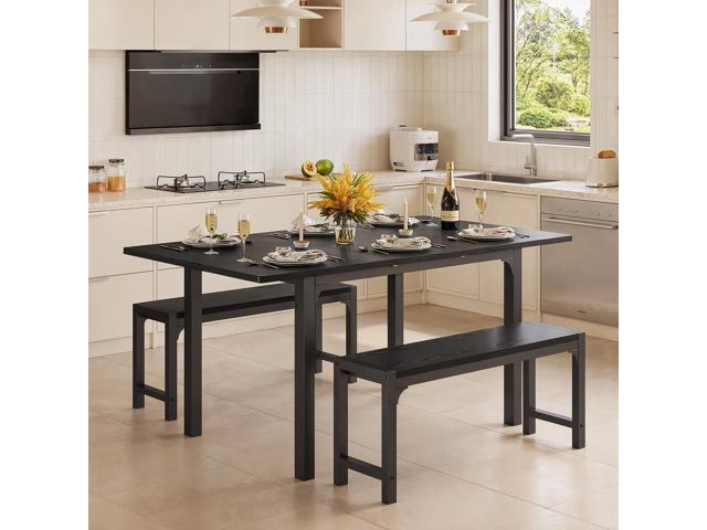 Ahomly 63 Large Extendable Dining Table Set for 4-6 with 180° Smart-Flip Pivot, Kitchen Table Set with Bench, Dining Room Table with Metal Frame &...