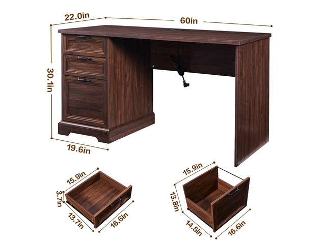 60' Farmhouse Executive Desk with Charging Station,Home Office Desk with 2 Drawers &1 File Cabinet,Wood Work Desk for Office and Home (Brown)