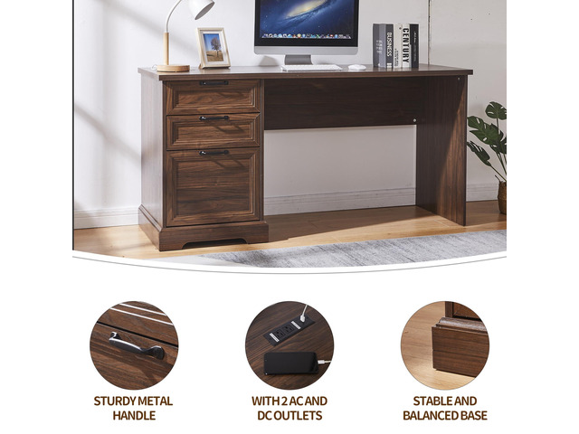 60' Farmhouse Executive Desk with Charging Station,Home Office Desk with 2 Drawers &1 File Cabinet,Wood Work Desk for Office and Home (Brown)