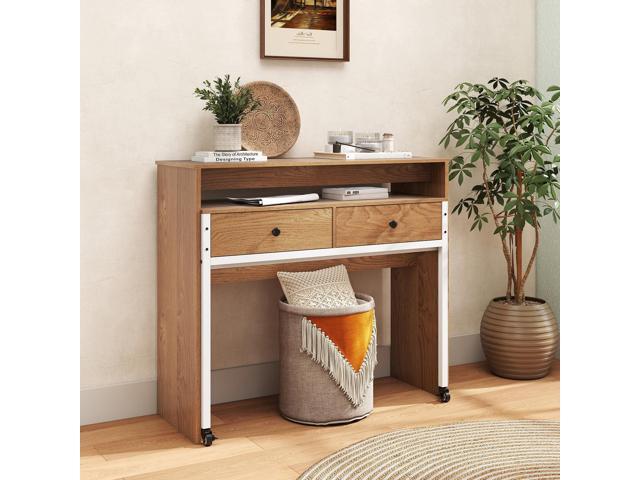 Giantex Small Computer Desk with Hutch & Drawers, Extendable Writing Desk w/Pull Out Secondary Table, Monitor Stand & Rolling Wheels, Console...