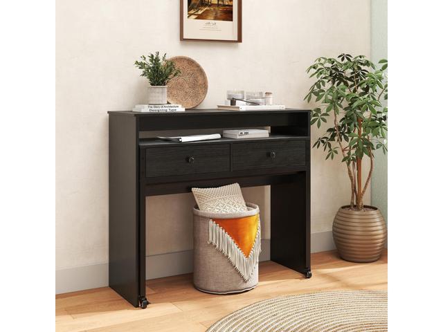 Giantex Small Computer Desk with Hutch & Drawers, Extendable Writing Desk w/Pull Out Secondary Table, Monitor Stand & Rolling Wheels, Console...