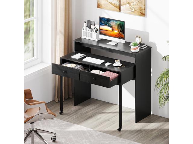 Giantex Small Computer Desk with Hutch & Drawers, Extendable Writing Desk w/Pull Out Secondary Table, Monitor Stand & Rolling Wheels, Console...