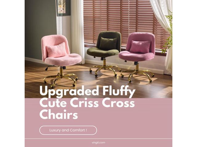 VINGLI Wide Criss Cross Legged Office Chair,Buttprint Ergonomic Desk Chair Comfy with Pillow & Gold Base,Dual-Use with/no Wheels,Adjustable Vanity...
