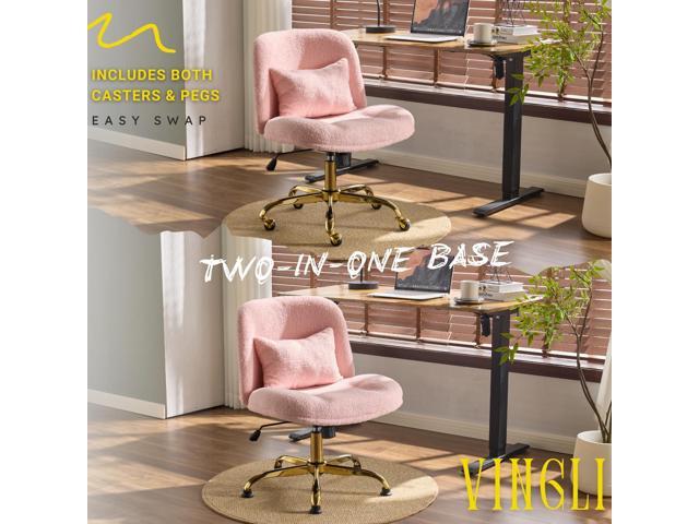VINGLI Wide Criss Cross Legged Office Chair,Buttprint Ergonomic Desk Chair Comfy with Pillow & Gold Base,Dual-Use with/no Wheels,Adjustable Vanity...