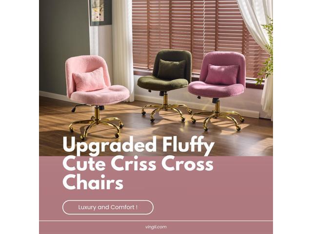 VINGLI Wide Criss Cross Legged Office Chair,Buttprint Ergonomic Desk Chair Comfy with Pillow & Gold Base,Dual-Use with/no Wheels,Adjustable Vanity...