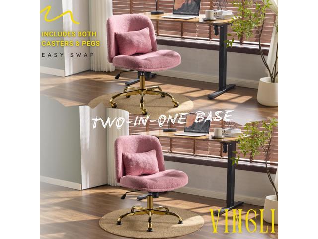 VINGLI Wide Criss Cross Legged Office Chair,Buttprint Ergonomic Desk Chair Comfy with Pillow & Gold Base,Dual-Use with/no Wheels,Adjustable Vanity...