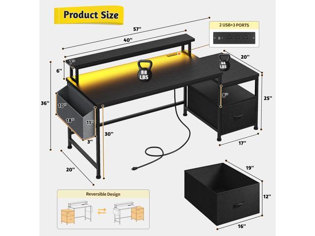 Gaming Desk with Monitor Stand,Computer Desk with LED Lights &Power Outlets,Office Desk with Drawers & Printer Shelf,Writing Table with Side...