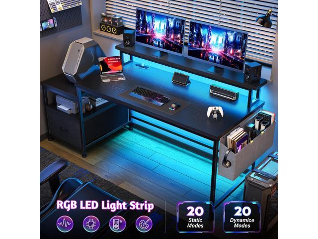 Gaming Desk with Monitor Stand,Computer Desk with LED Lights &Power Outlets,Office Desk with Drawers & Printer Shelf,Writing Table with Side...