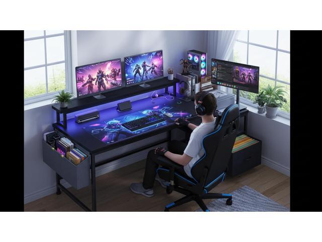 Gaming Desk with Monitor Stand,Computer Desk with LED Lights &Power Outlets,Office Desk with Drawers & Printer Shelf,Writing Table with Side...