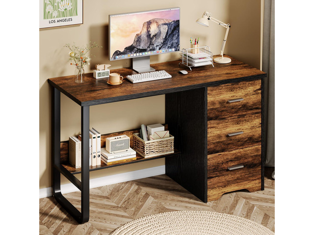 Small Computer Desk with Drawers, 47 Inch Home Office Desk with 3 Drawers & Bottom Shelves, Study Desk with Storage for Bedroom, Writing and Work,...