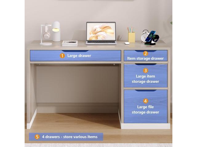 Small Desk with Drawers, 52 Inch Home Office Desk with Storage for Bedroom, Computer Desk with Filing Drawer for Small Space, Walnut