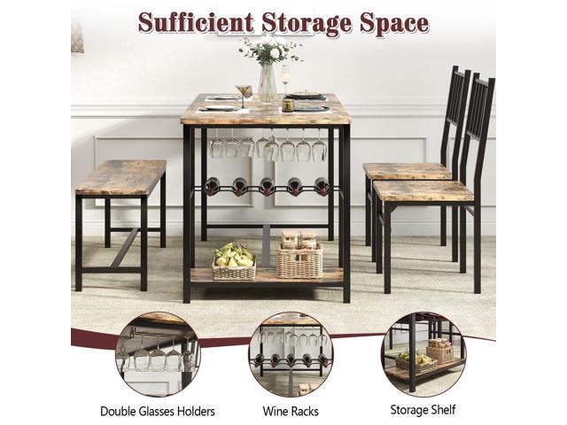Dining Table for 4, Kitchen Table Set for 4 With 2 Chairs and Bench, Dining Room Table Set with Built in Wine Rack & Wine Glasses Holder, Storage...