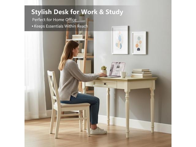French Country Style Writing Desk,35' Solid Wood Farmhouse Computer Table with Drawers,Rustic Beige Finish,for Home Office, Study or Living Room...