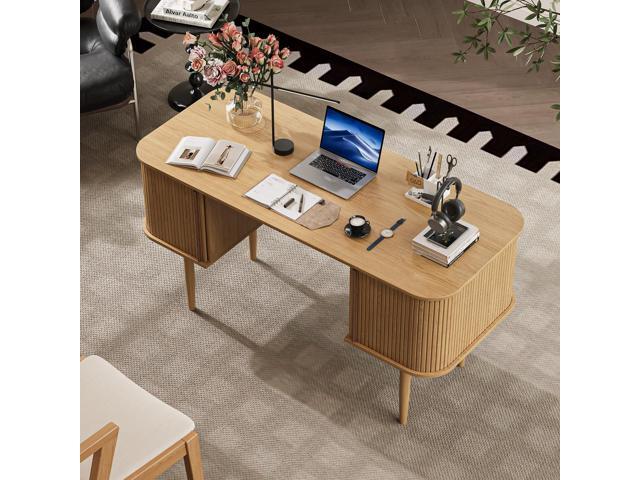 55' Modern Writing Desk with Storage, Wood Home Office Desk with Sliding Doors, Computer Desk for Home Office, Dorm, Living Room, Home Study Table,...