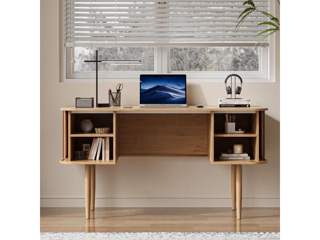 55' Modern Writing Desk with Storage, Wood Home Office Desk with Sliding Doors, Computer Desk for Home Office, Dorm, Living Room, Home Study Table,...