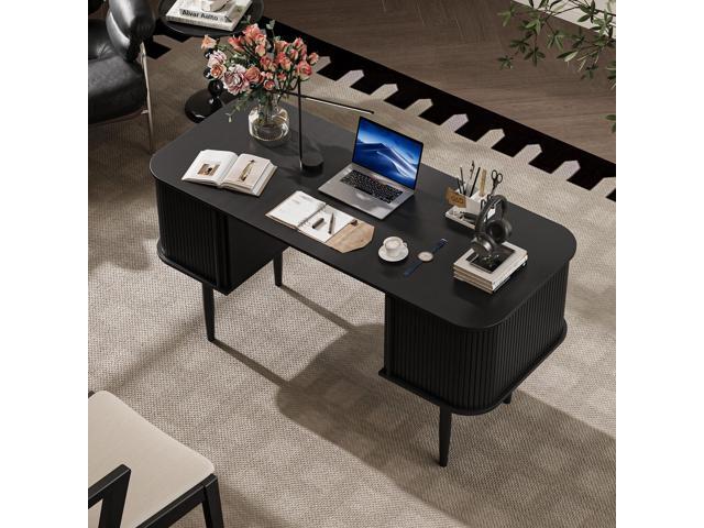 55' Modern Writing Desk with Storage, Wood Home Office Desk with Sliding Doors, Computer Desk for Home Office, Dorm, Living Room, Home Study Table,...