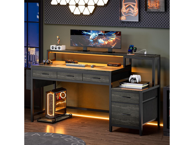 REAHOME 61 Inch Gaming Desk with Charging Station and LED Lights, Reversible Computer Desk with Storage Drawer and Monitor Stand, Modern Desk Table...