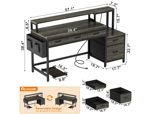 REAHOME 61 Inch Gaming Desk with Charging Station and LED Lights, Reversible Computer Desk with Storage Drawer and Monitor Stand, Modern Desk Table...