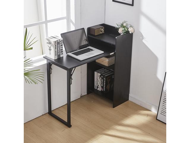 Foldable Desk,Hidden Desk with Storage and Built-in Socket,Mid Century Fold Out Table for Small Spaces,Home Office and Bedroom (Black)