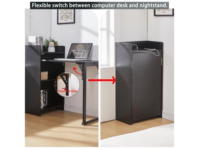 Foldable Desk,Hidden Desk with Storage and Built-in Socket,Mid Century Fold Out Table for Small Spaces,Home Office and Bedroom (Black)