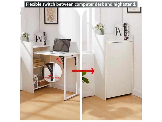Foldable Desk,Hidden Desk with Storage and Built-in Socket,Mid Century Fold Out Table for Small Spaces,Home Office and Bedroom (White)