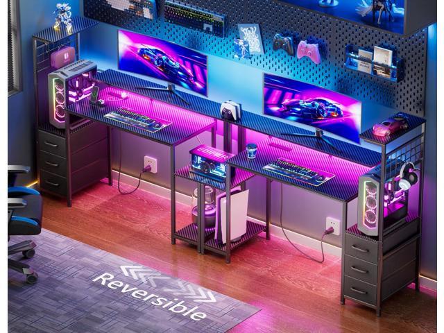 48 Inch Gaming Desk with LED Lights & Power Outlets,Computer Desk with Fabric Drawers & Side Hook,Reversible Gamer Table with Monitor Stand for...