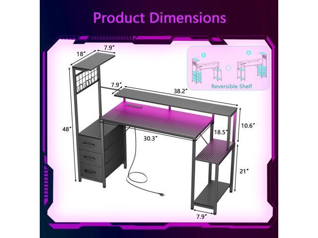 48 Inch Gaming Desk with LED Lights & Power Outlets,Computer Desk with Fabric Drawers & Side Hook,Reversible Gamer Table with Monitor Stand for...