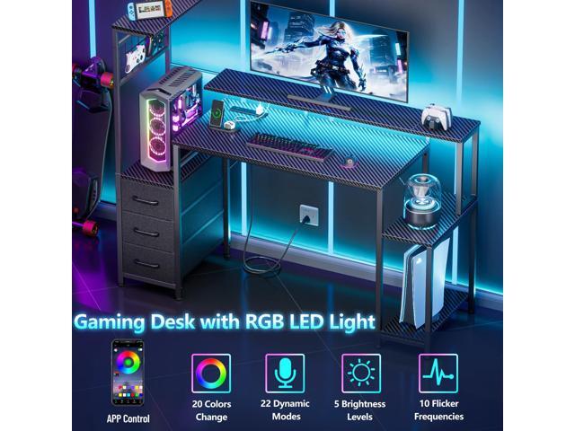 48 Inch Gaming Desk with LED Lights & Power Outlets,Computer Desk with Fabric Drawers & Side Hook,Reversible Gamer Table with Monitor Stand for...