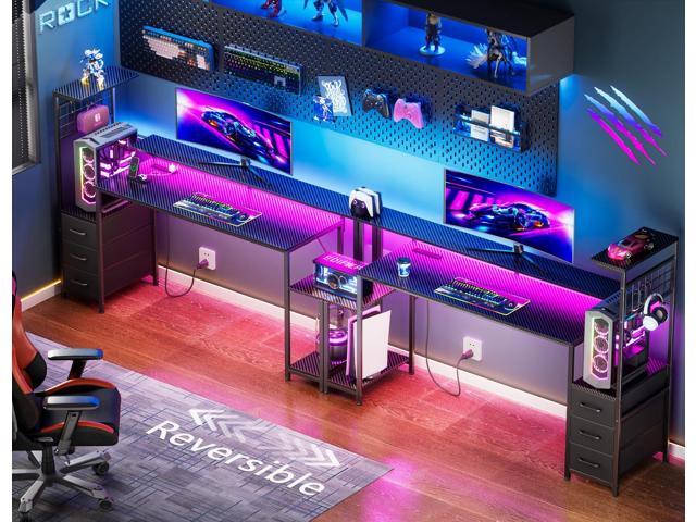 63 Inch Gaming Desk with Bluetooth LED Lights & Power Outlets,Computer Desk with Fabric Drawers & Hooks,Reversible Gamer Table with Monitor Stand...