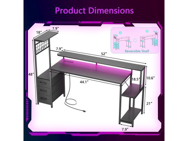 63 Inch Gaming Desk with Bluetooth LED Lights & Power Outlets,Computer Desk with Fabric Drawers & Hooks,Reversible Gamer Table with Monitor Stand...