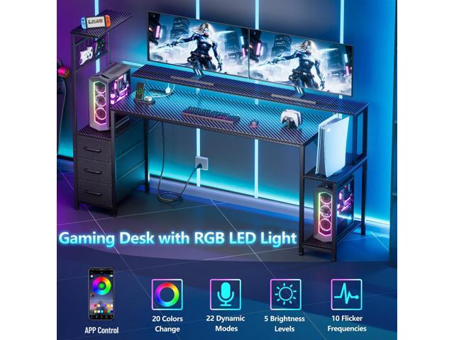 63 Inch Gaming Desk with Bluetooth LED Lights & Power Outlets,Computer Desk with Fabric Drawers & Hooks,Reversible Gamer Table with Monitor Stand...